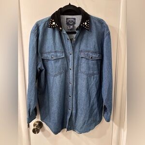 Comfy Chic Denim Button Up with Black Velvet Collar and Jewel Embellishments